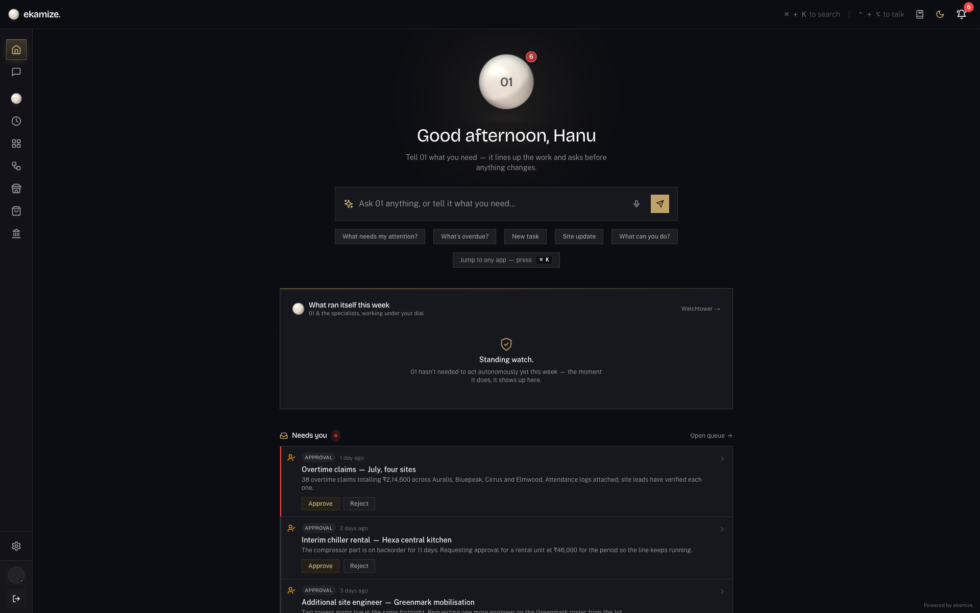 The Ekamize home screen: the 01 pearl above a personal greeting